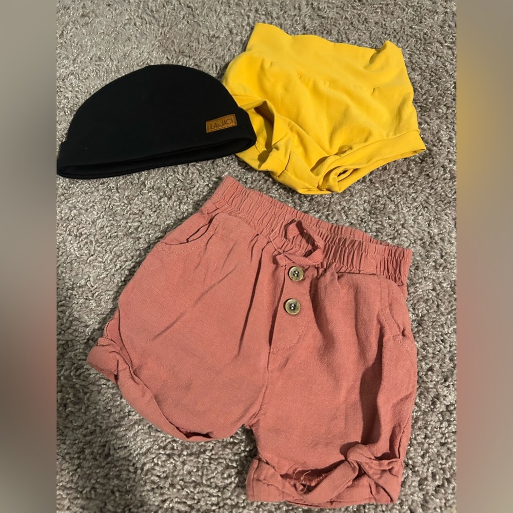 Yellow Top, Pink Shorts, and Black Beanie Set- 3-6 month